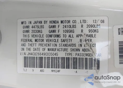 2009 Acura Tsx z USA, uszkodzony, nr VIN JH4CU26649C035045